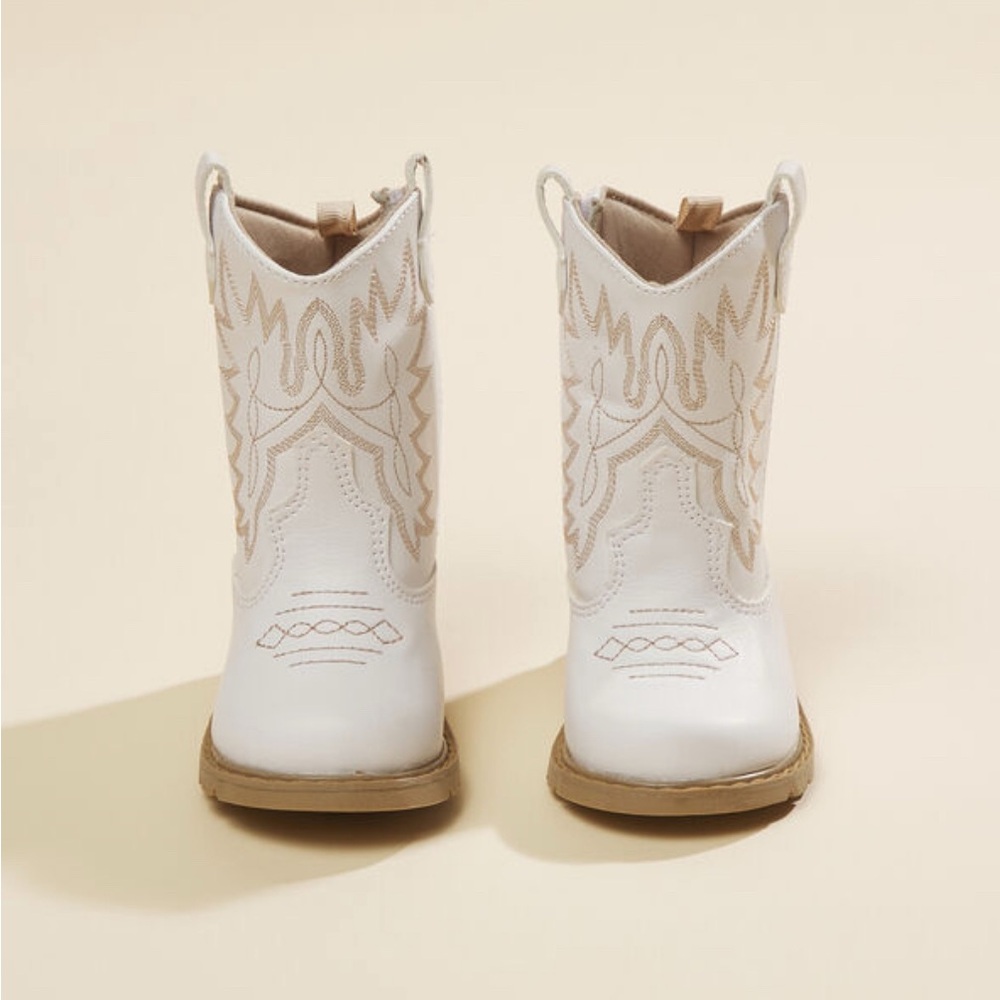 Tullabee Kids White Cowboy Boots with Tan Embroidery